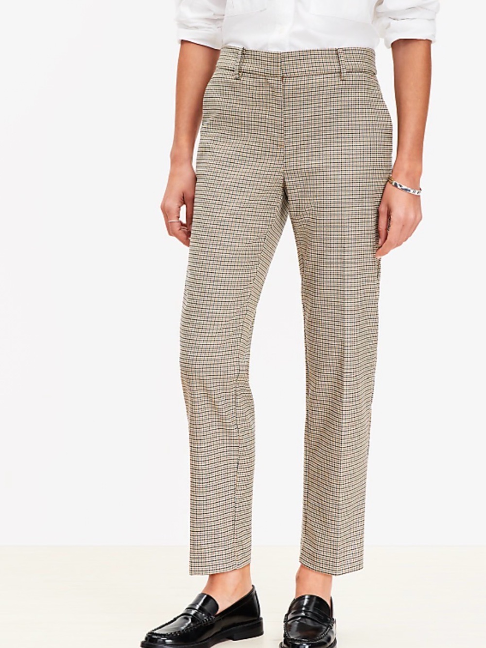 LOFT the Riviera Slim Beige Plaid Cropped Straight-Leg Pants